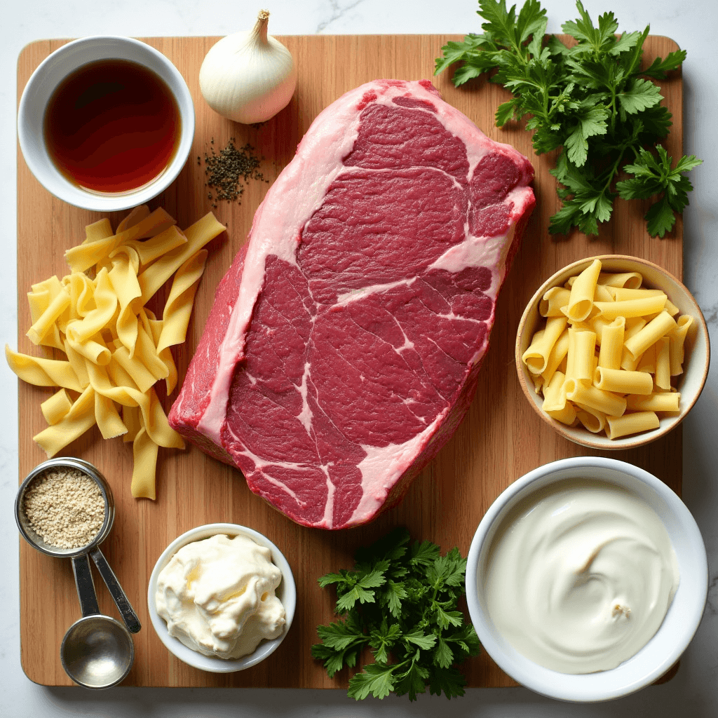 Fresh ingredients for Crock Pot Beef and Noodles including chuck roast, egg noodles, and seasonings