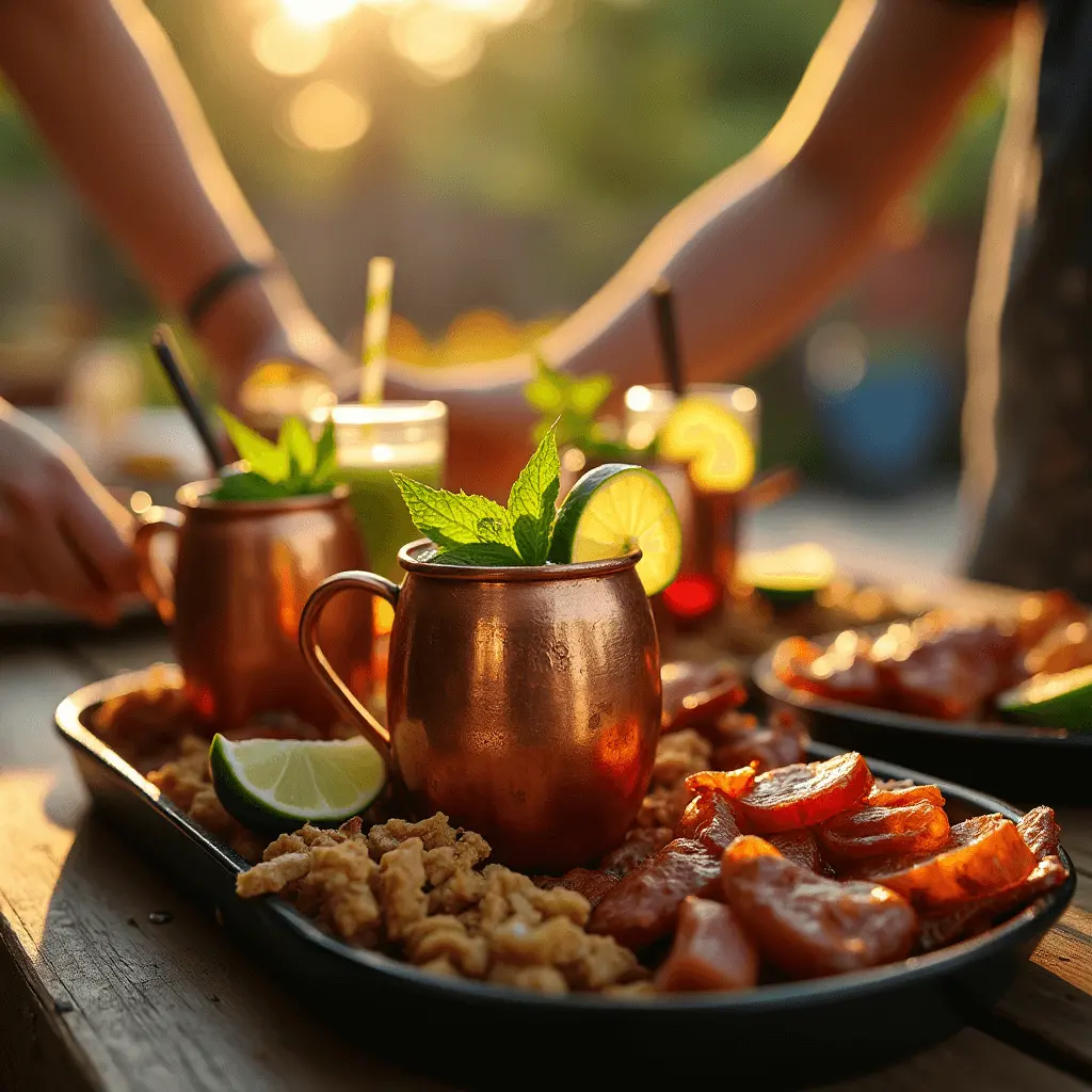 Kentucky Mule cocktails served with BBQ appetizers at outdoor gathering