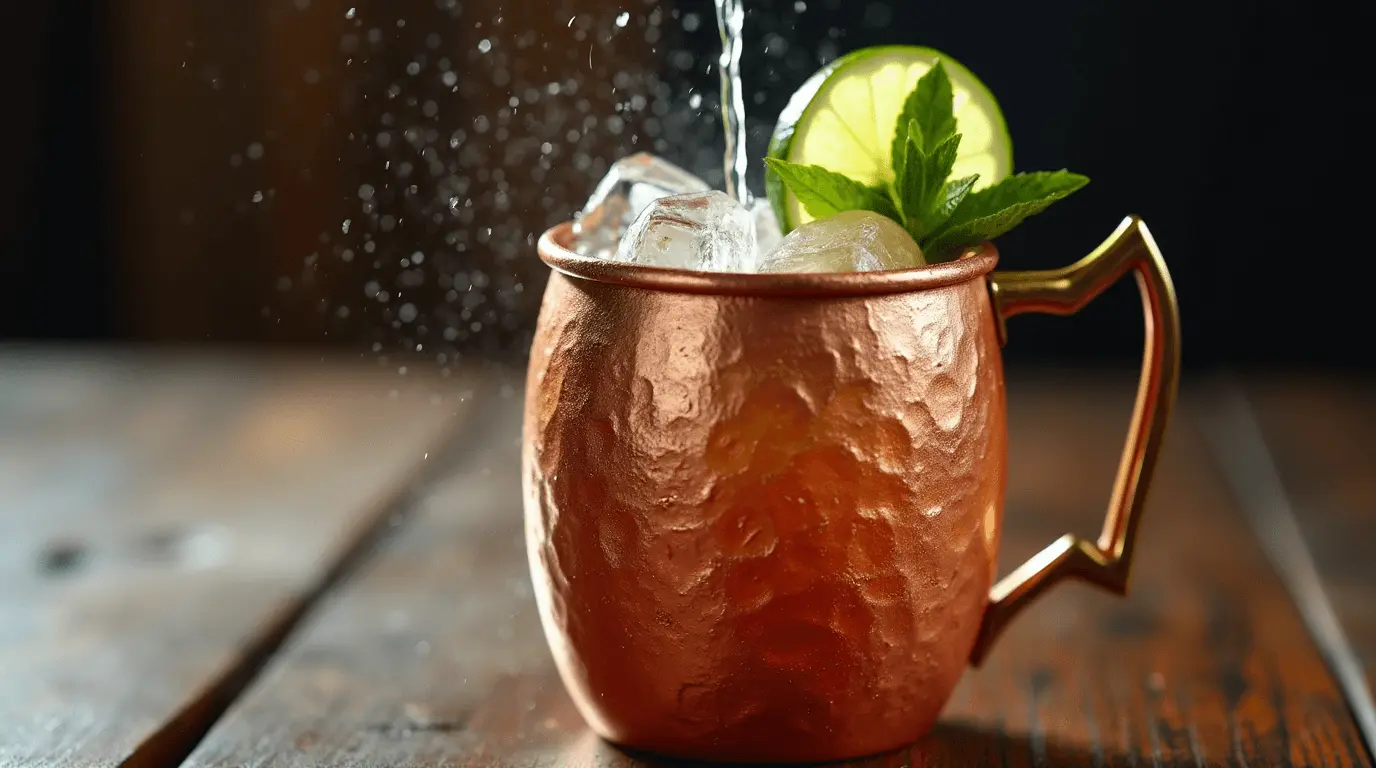 Kentucky Mule cocktail in a frosty copper mug with lime and mint garnish
