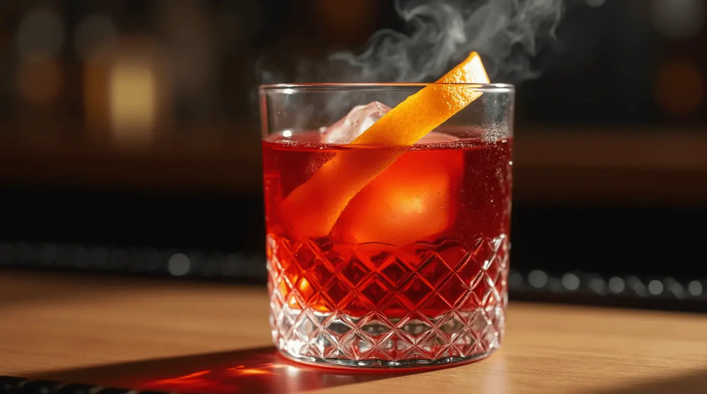 Perfectly crafted Mezcal Negroni in a crystal rocks glass with orange peel garnis