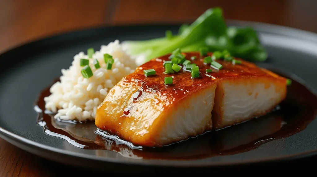 Miso sea bass with caramelized glaze served with steamed rice and bok choy