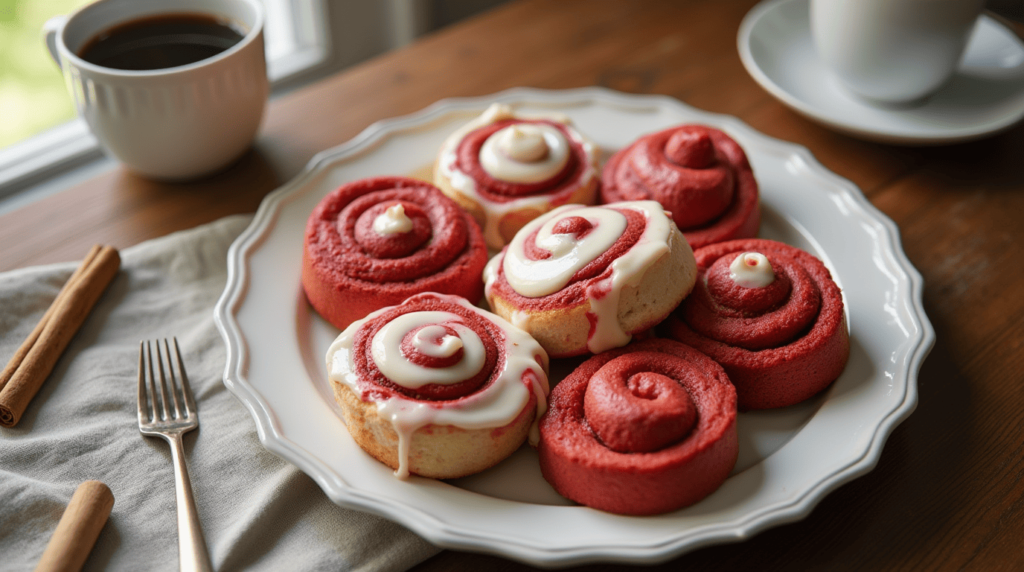 Freshly baked red velvet cinnamon rolls with cream cheese frosting on a white plate
