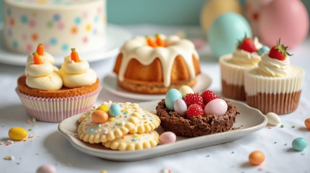 Easter dessert recipes table displaying carrot cake cupcakes, lemon bundt cake, chocolate nest cookies, decorated sugar cookies, and mini cheesecakes