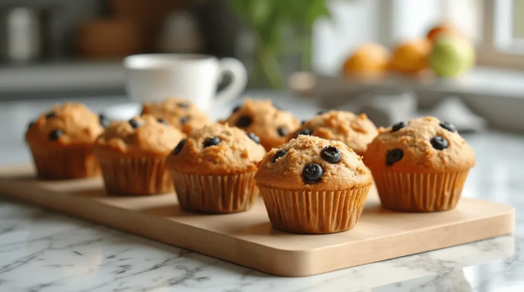 Six varieties of homemade protein muffins arranged on a wooden board - blueberry, chocolate, apple cinnamon, carrot, pumpkin, and coconut berry