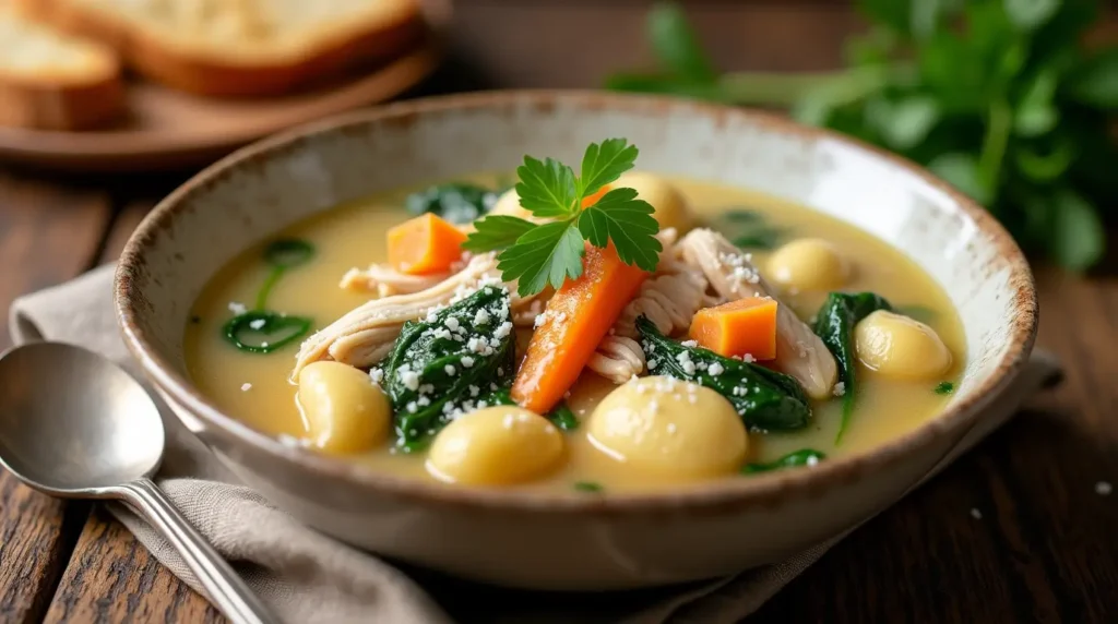 Homemade creamy crock pot chicken gnocchi soup with tender chicken, pillowy gnocchi, fresh vegetables, and herbs in a rustic bowl
