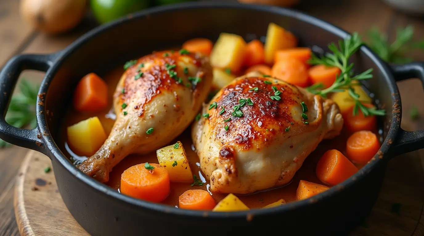 Homemade chicken potato crock pot meal with tender chicken thighs, golden potatoes, and carrots in savory gravy