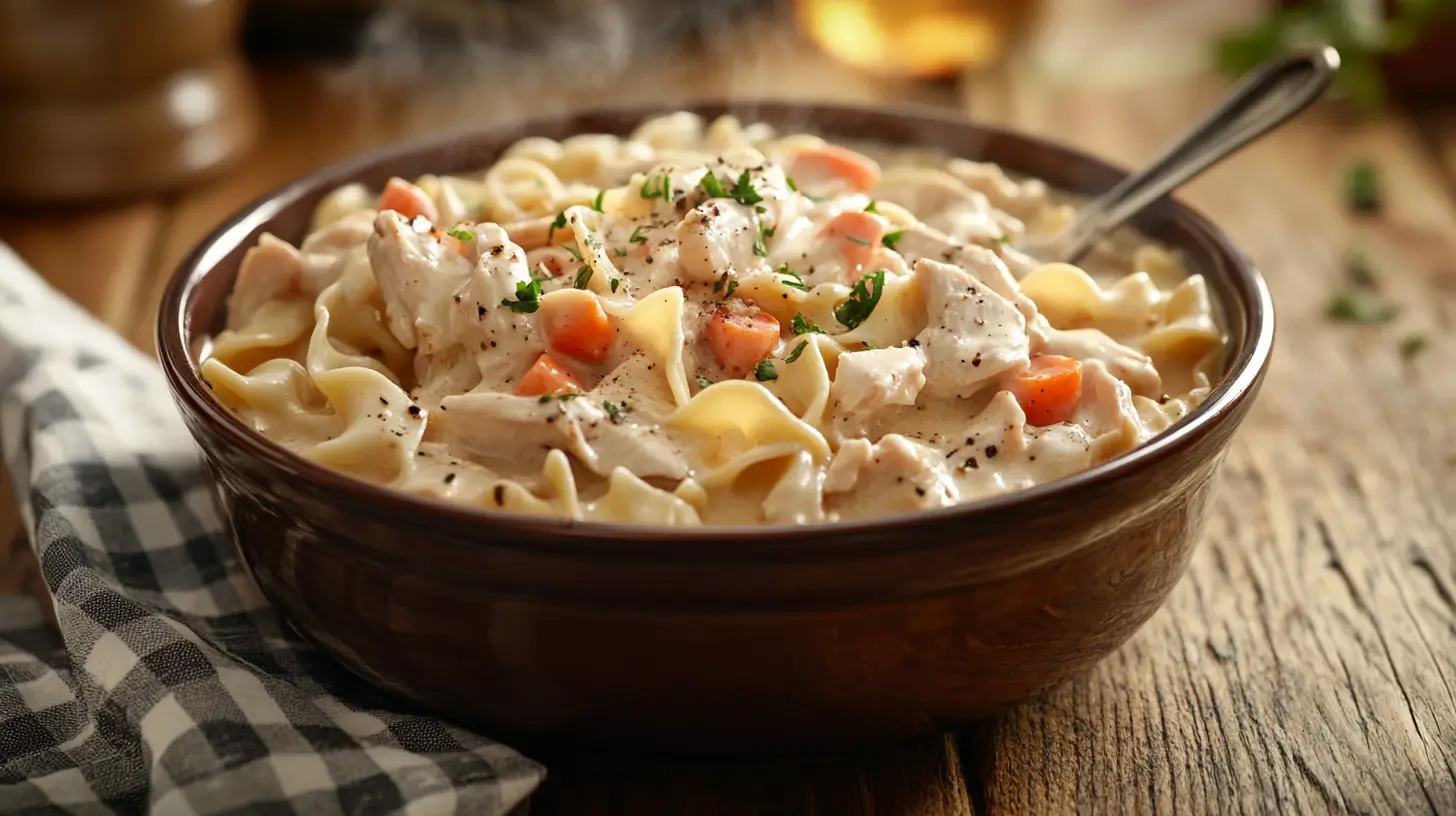Homemade chicken and noodles crock pot recipe with tender shredded chicken, wide egg noodles, and vegetables in creamy broth served in a rustic bowl