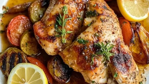 Plated Chicken Salmoriglio served with grilled vegetables and lemon