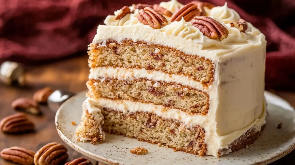 Butter Pecan Cake on rustic table with creamy frosting