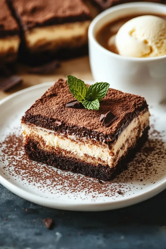 Tiramisu Brownies served with espresso and vanilla ice cream