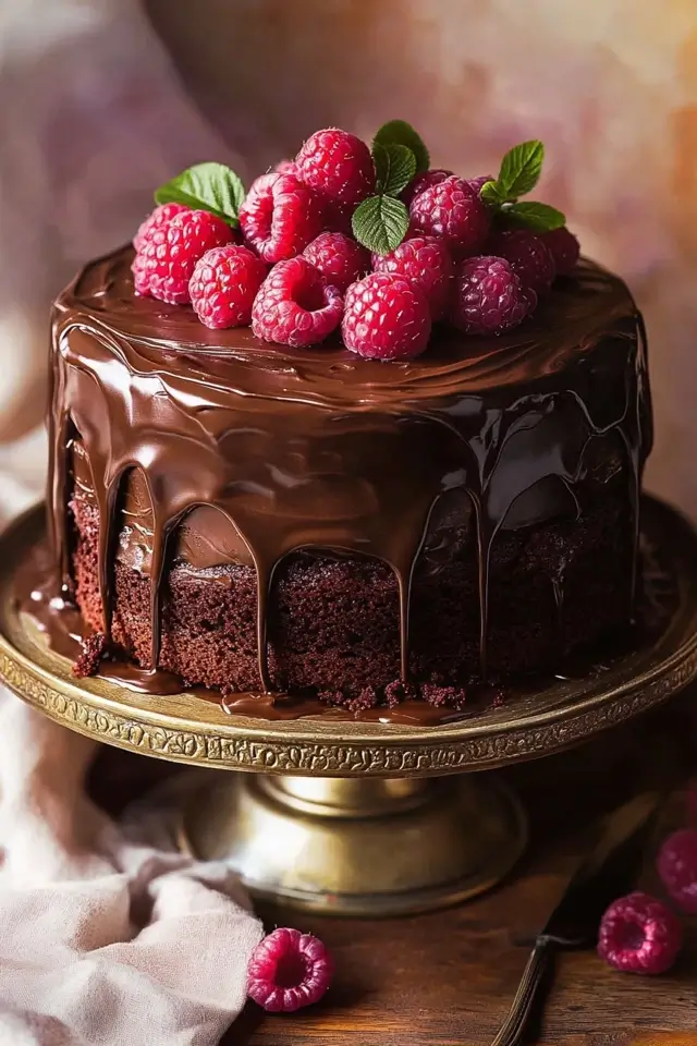Slice of chocolate raspberry cake with raspberries