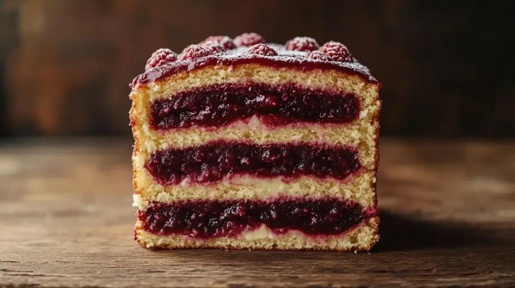 Close-up of a delicious layered cake with vibrant raspberry cake filling between layers
