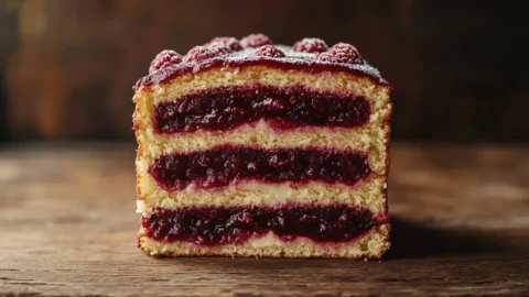 Close-up of a delicious layered cake with vibrant raspberry cake filling between layers