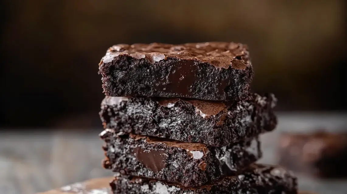 Delicious fudgy cocoa brownies stacked with gooey centers