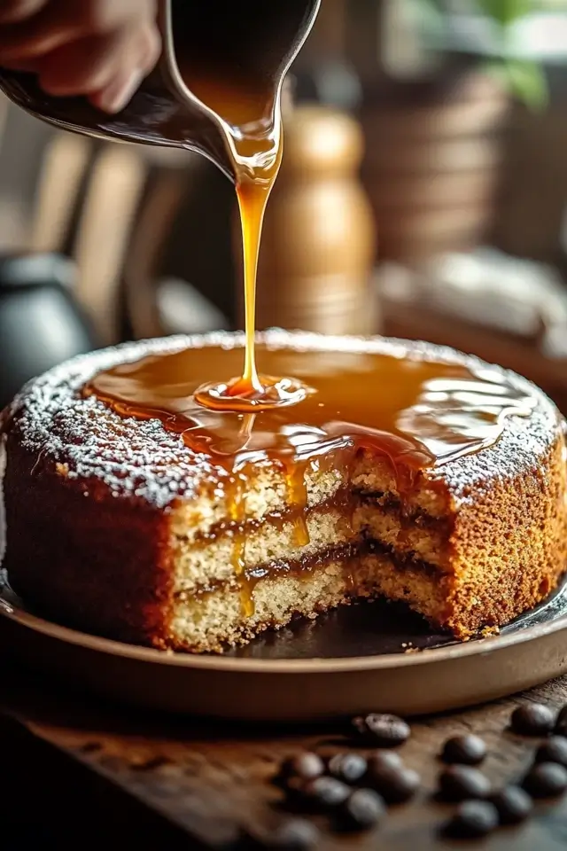 Baker pouring caramel sauce over Gooey Coffee Caramel Cake batter