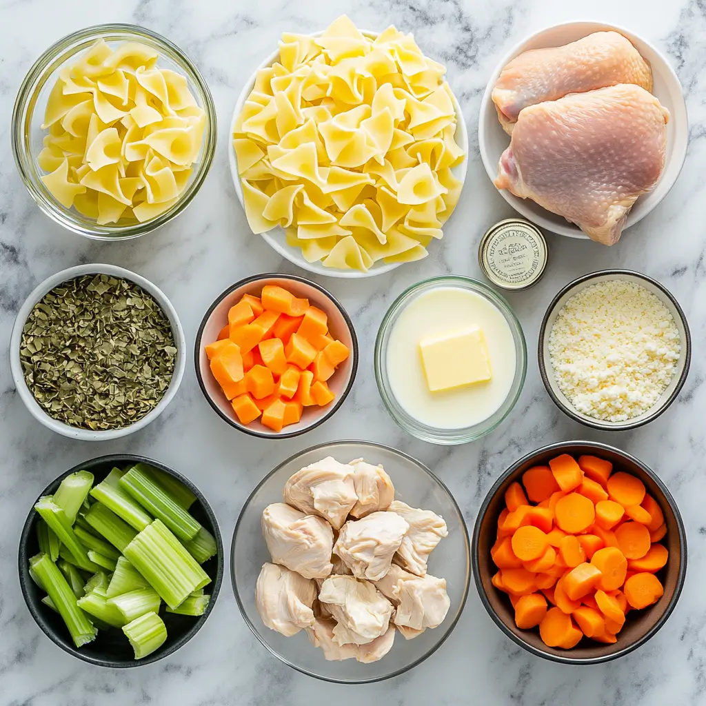 Overhead view of all ingredients needed for chicken and noodles crock pot recipe arranged on marble countertop