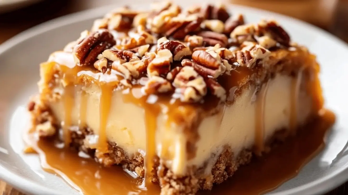 Butter pecan praline poke cake slice with caramel and pecans