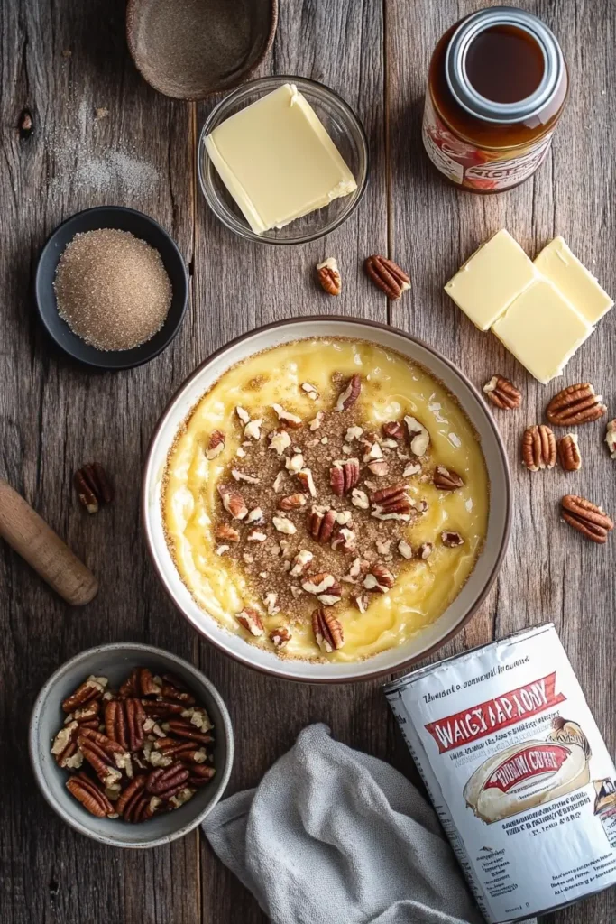 Ingredients for butter pecan praline poke cake arranged flat lay