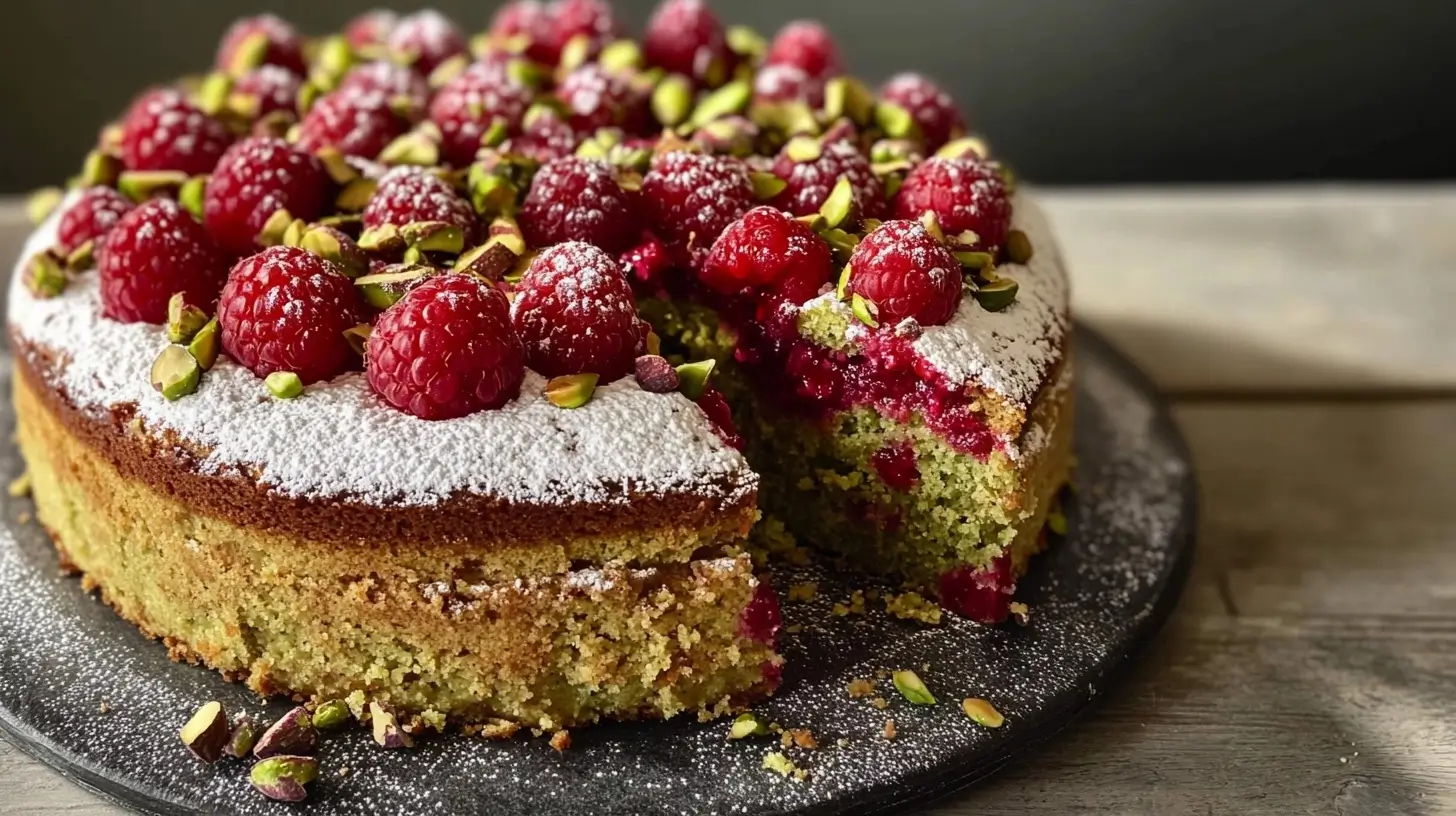 Realistic, high-resolution photo of an elegant, freshly-baked Pistachio Raspberry Cake placed on a rustic wooden table, topped with vibrant raspberries, chopped pistachios, and powdered sugar, warm natural lighting, mouthwatering food styling, detailed texture, bakery-style presentation.