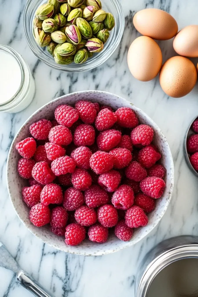 Ingredients for Pistachio Raspberry Cake neatly arranged on marble countertop.