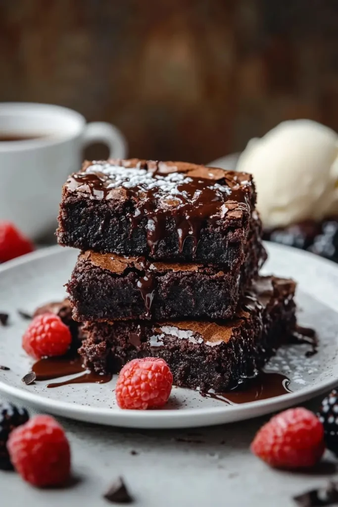 Fudgy cocoa brownies served with vanilla ice cream and berries