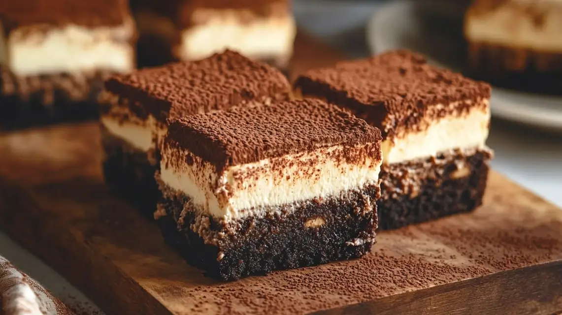 Moist and creamy Tiramisu Brownies with mascarpone topping