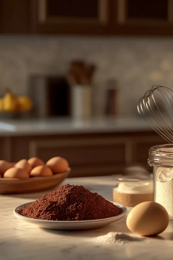 Ingredients for fudgy cocoa brownies on kitchen counter