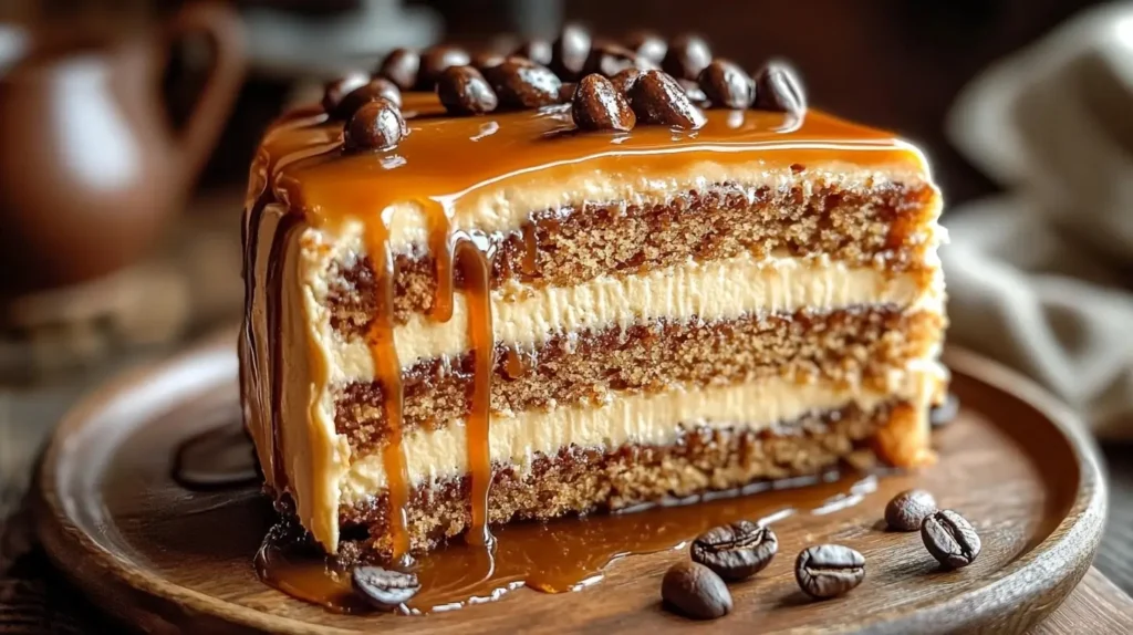 Close-up of a Gooey Coffee Caramel Cake slice with caramel drizzle