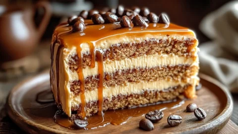 Close-up of a Gooey Coffee Caramel Cake slice with caramel drizzle