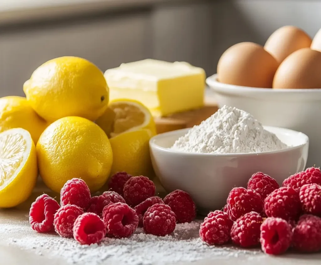Fresh ingredients for lemon raspberry cake including lemons, raspberries, eggs, and flour.