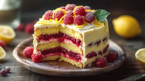 Delicious lemon raspberry cake with fresh berries and lemon zest, ready to serve.