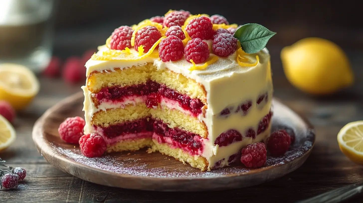Delicious lemon raspberry cake with fresh berries and lemon zest, ready to serve.