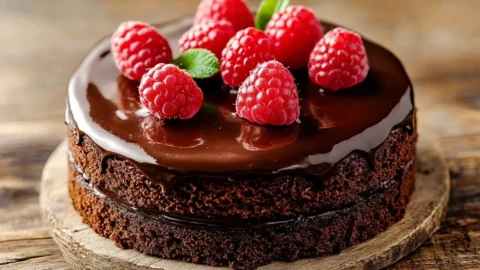 Realistic chocolate raspberry cake on plate