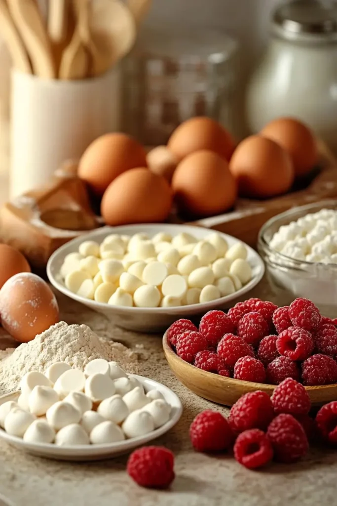 Ingredients for white chocolate raspberry cake