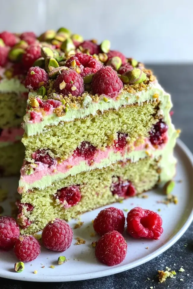 A beautifully plated slice of Pistachio Raspberry Cake with raspberry garnish.