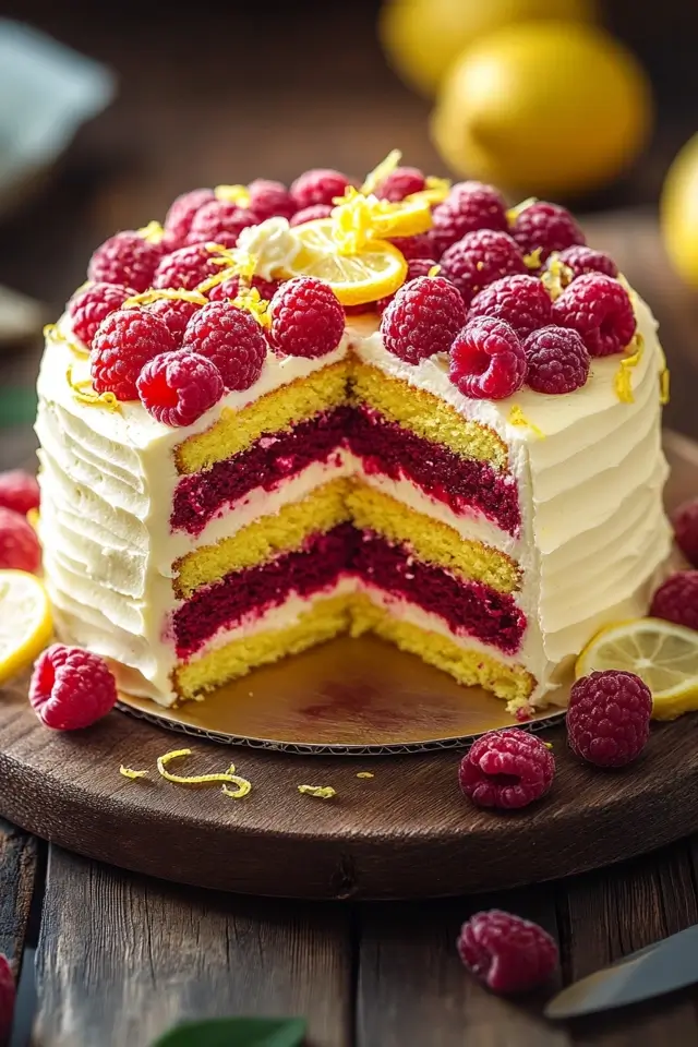 Slice of lemon raspberry cake served with whipped cream and fresh raspberries.