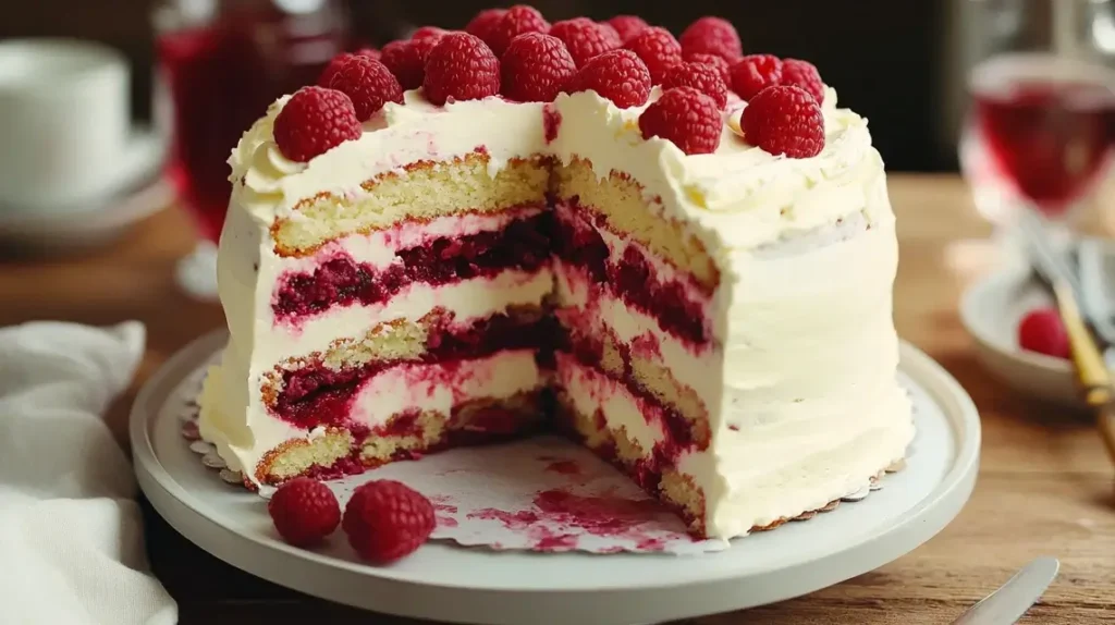 White chocolate raspberry cake on wooden table