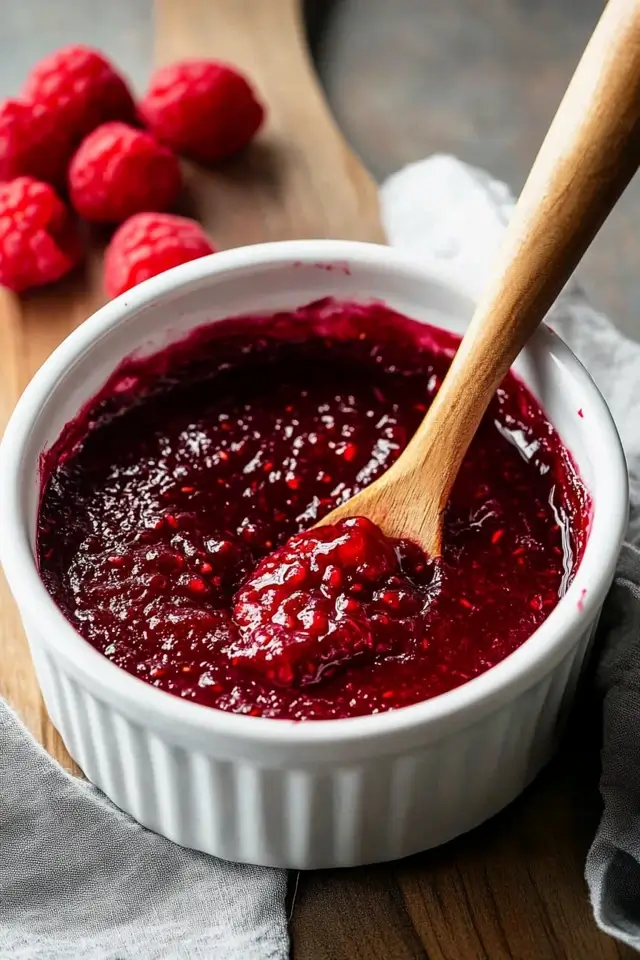 Close-up of rich, glossy raspberry cake filling in a white ceramic ramekin with visible berry chunks