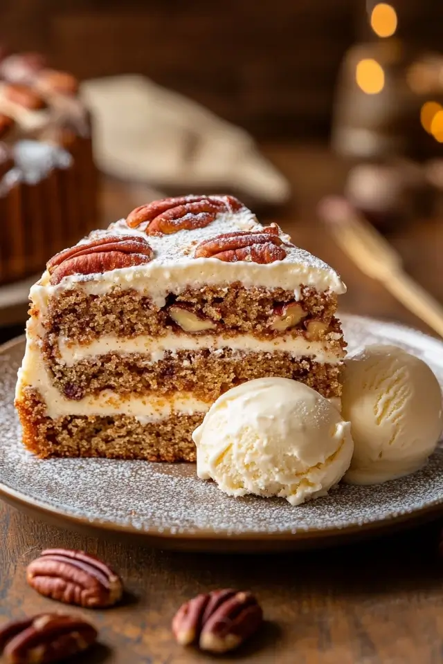 Slice of Butter Pecan Cake with vanilla ice cream