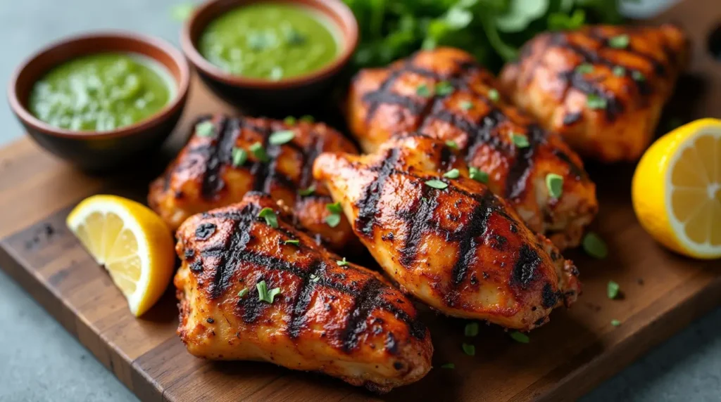 Peruvian grilled chicken with crispy spiced skin served with traditional green sauce and lime wedges