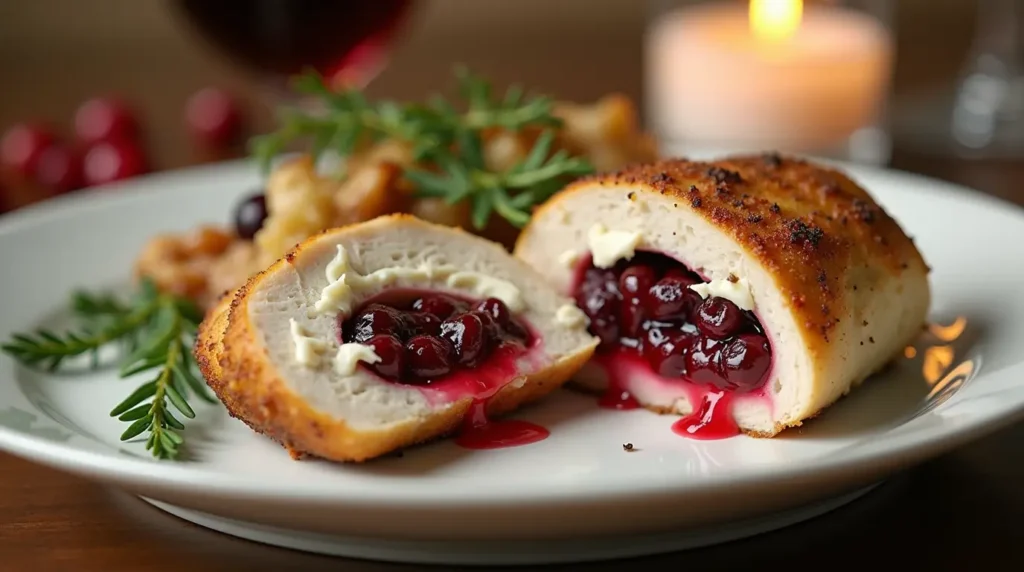 Sliced cranberry brie stuffed chicken breast showing melty cheese and cranberry filling