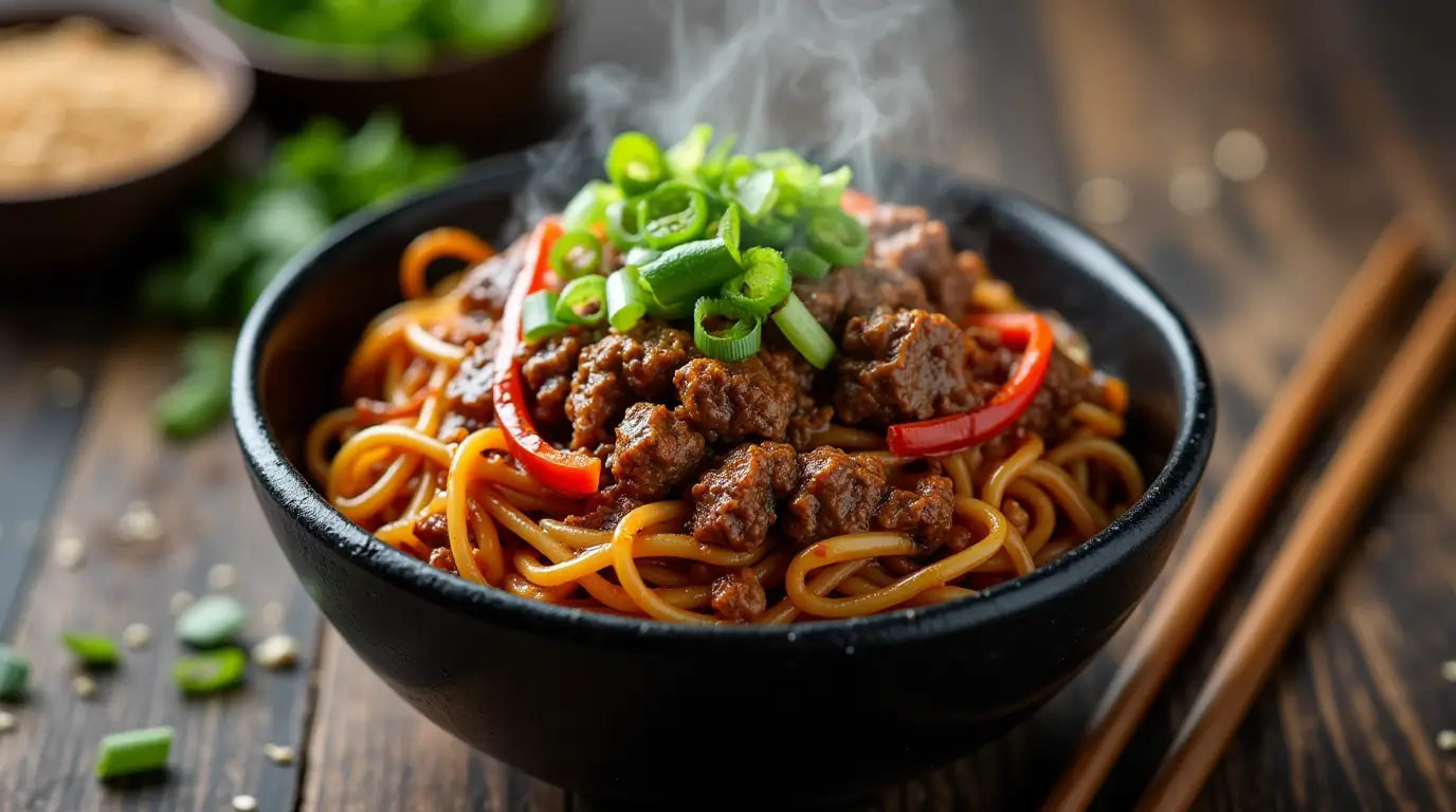 Homemade Mongolian Ground Beef Noodles with green onions and bell peppers in a black bowl