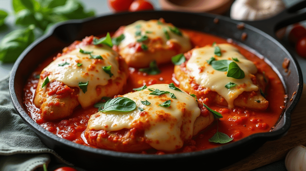 Homemade Garlic Tomato Chicken with Mozzarella in cast iron skillet with bubbling sauce and melted cheese
