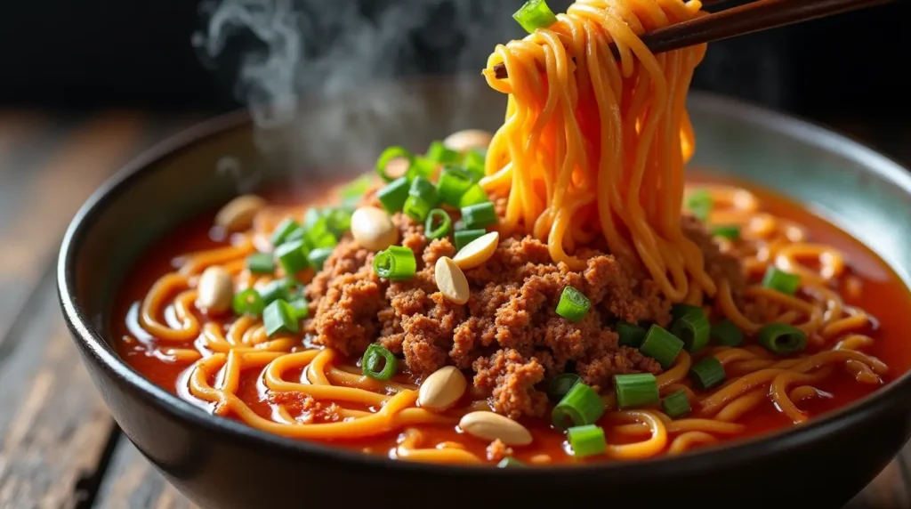 Authentic Sichuan Dan Dan Noodles topped with chili oil, pork, and garnishes