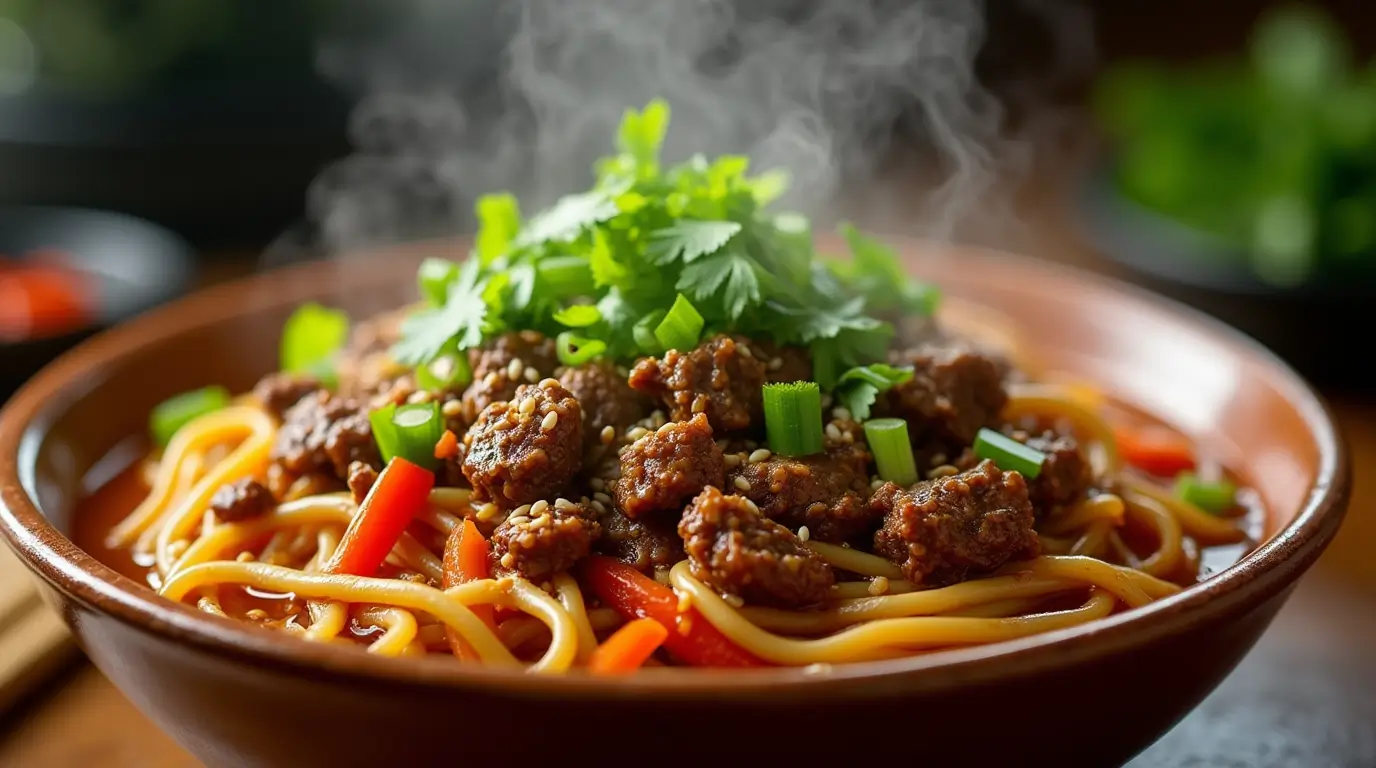 Homemade Asian Ground Beef Noodles with vegetables and garnishes in a bowl