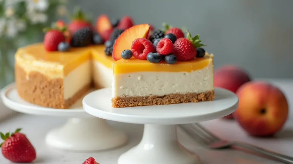 Homemade Berry and Peach Cheesecake with fresh summer fruits and golden graham cracker crust