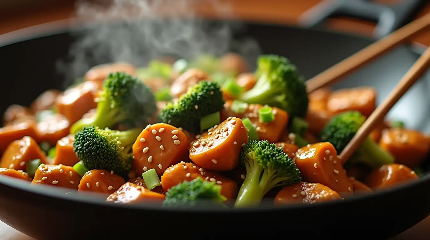 Homemade chicken and broccoli stir fry with glossy sauce garnished with sesame seeds