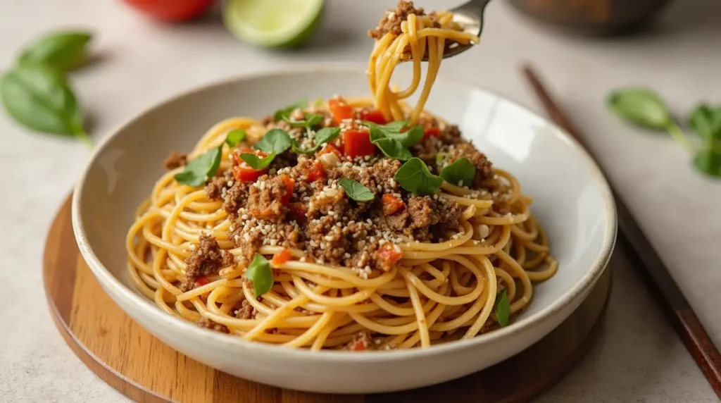 Homemade Asian Ground Beef Spaghetti with sesame seeds and green onions