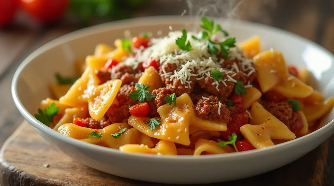 Homemade Parmesan Garlic Beef bowtie pasta served in a white bowl with fresh herbs