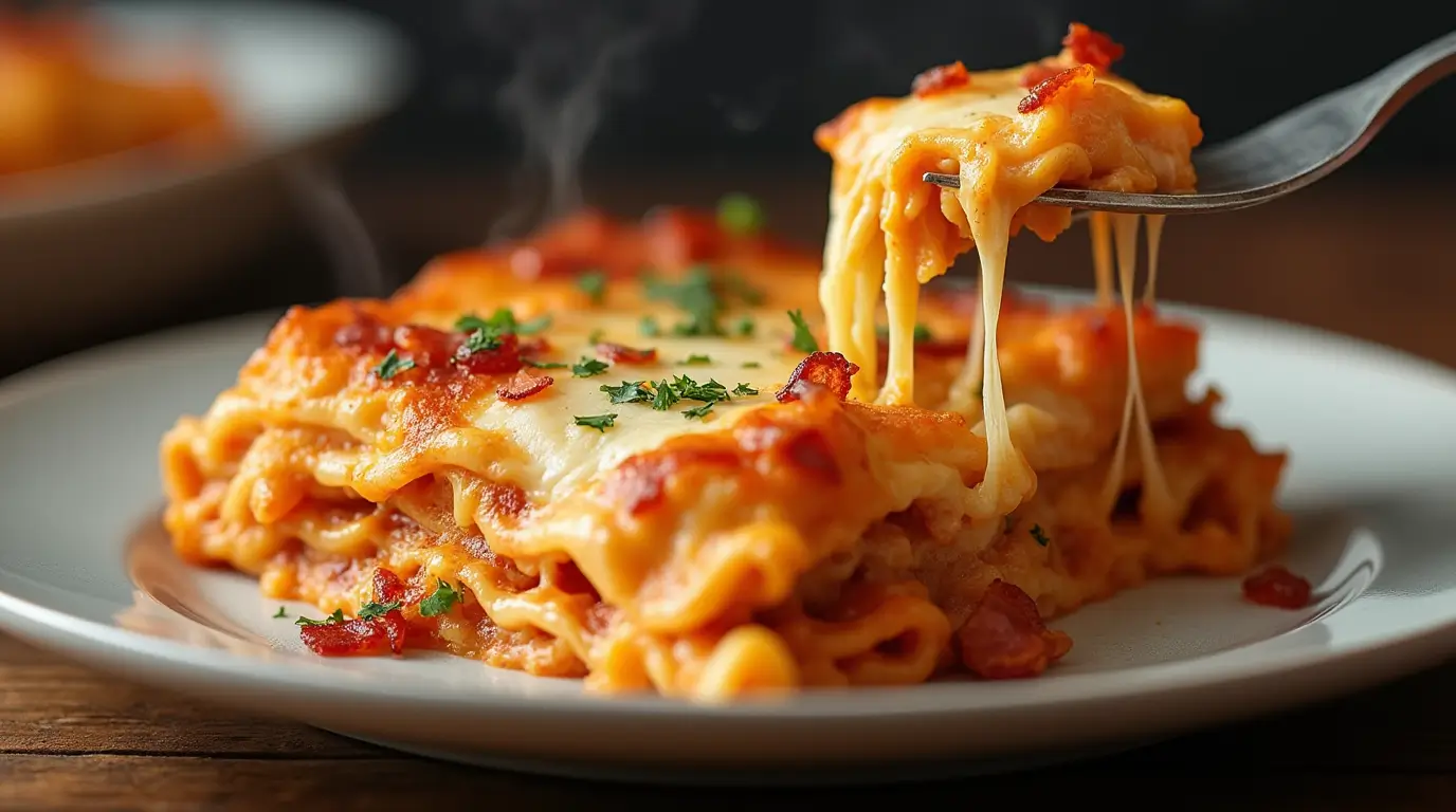 Homemade Parmesan Bacon Lasagna with melted cheese and crispy bacon layers